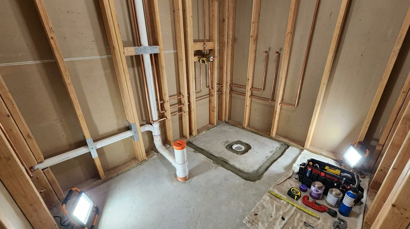 Bathroom rough-in plumbing during remodel by Johns Plumbing LLC in Dale