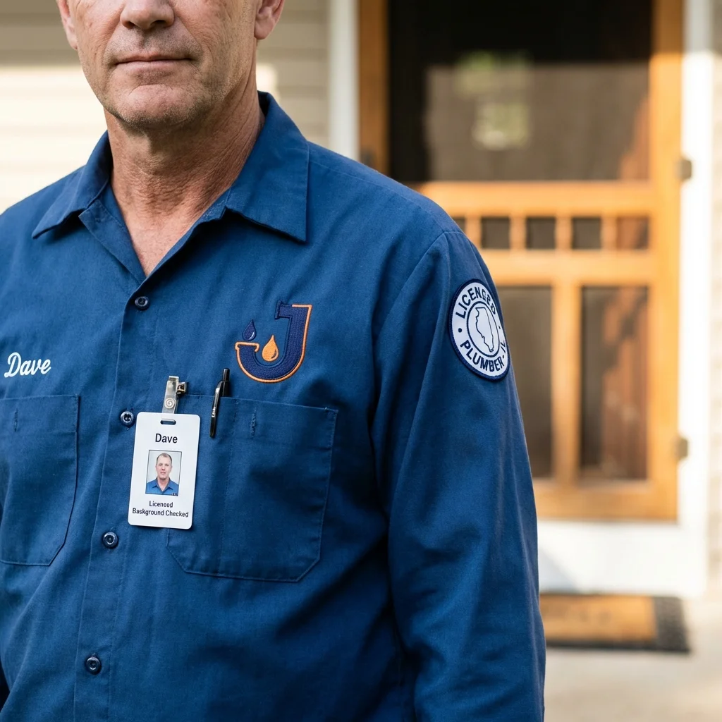 Licensed plumber showing ID badge in Dale, IN