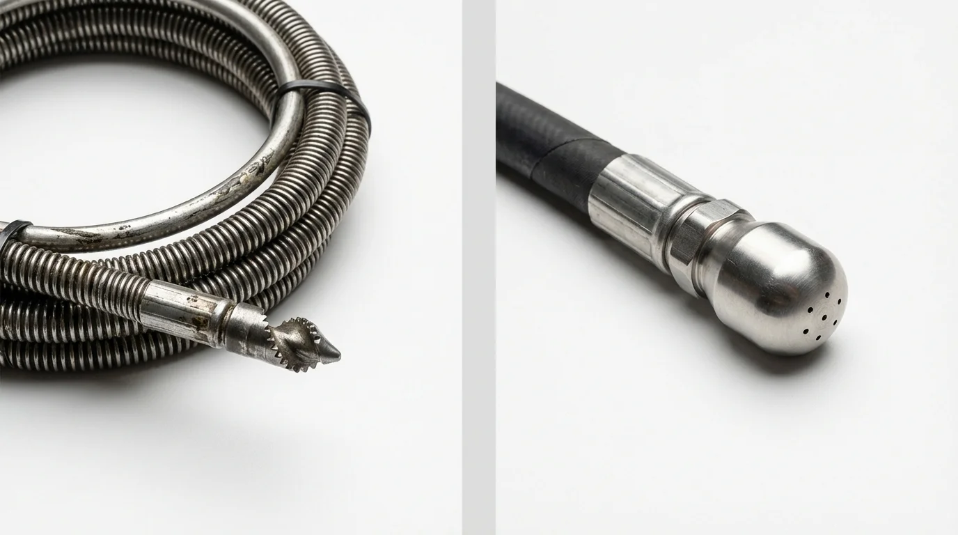Drain snake cable and hydro jetting nozzle used for drain cleaning in Dale, IN