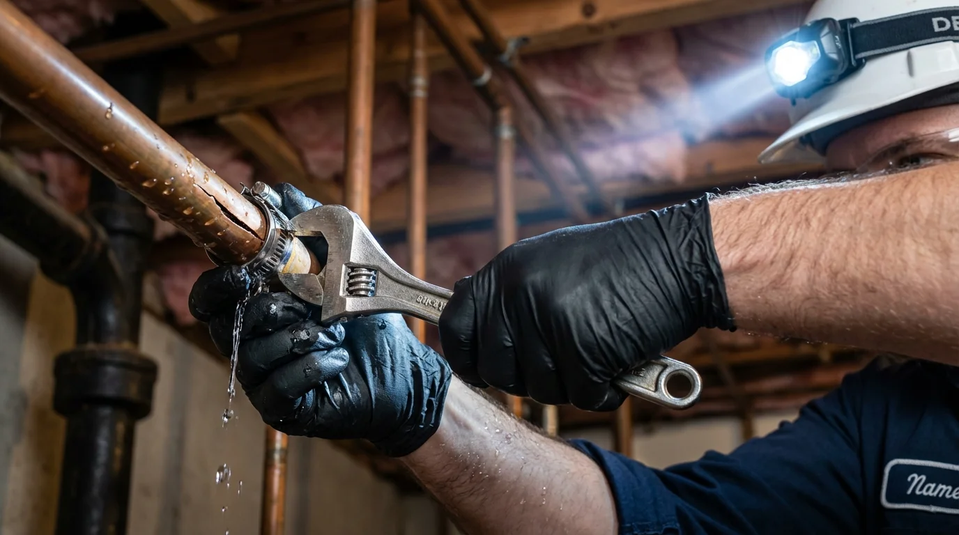 Emergency pipe clamp repair being performed by a Johns Plumbing LLC plumber in Dale