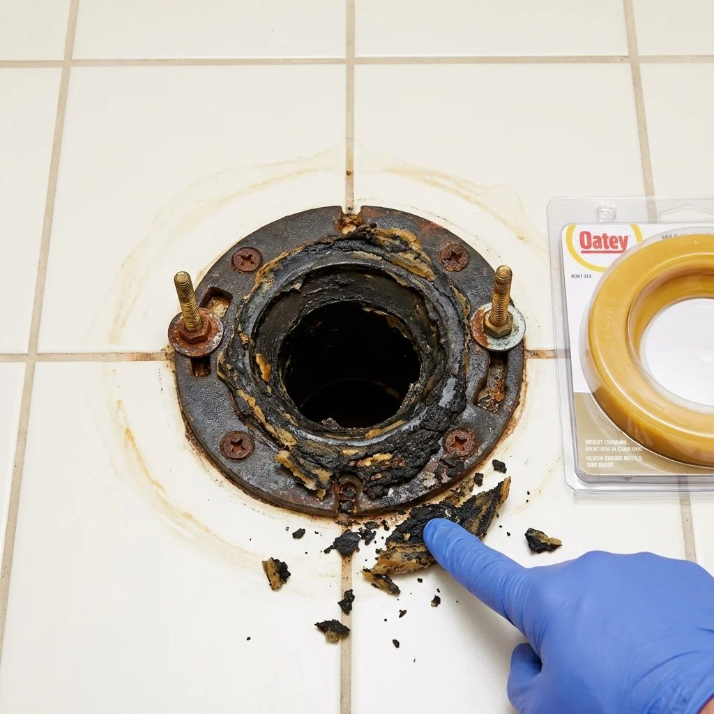 Failed wax ring showing water seepage at the base of a toilet in a Dale, IN home