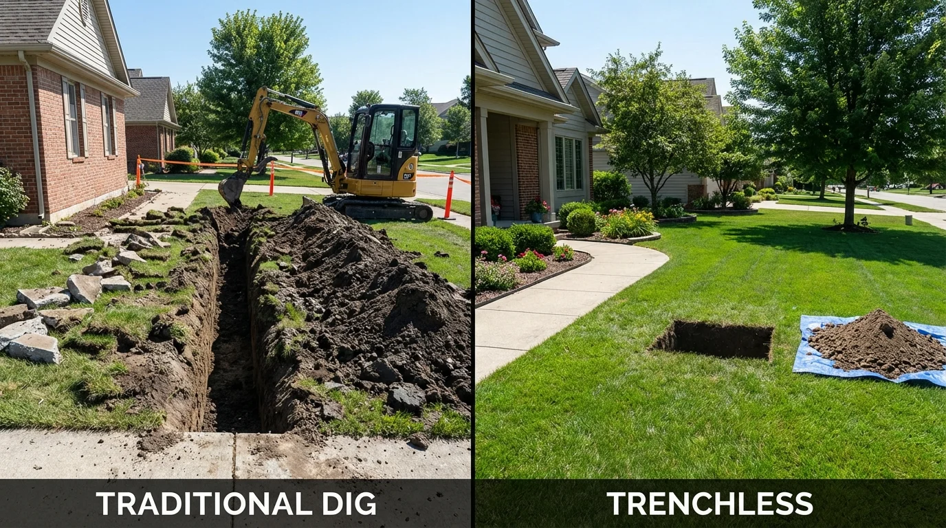 Trenchless sewer repair with minimal yard damage versus traditional excavation in Dale, IN