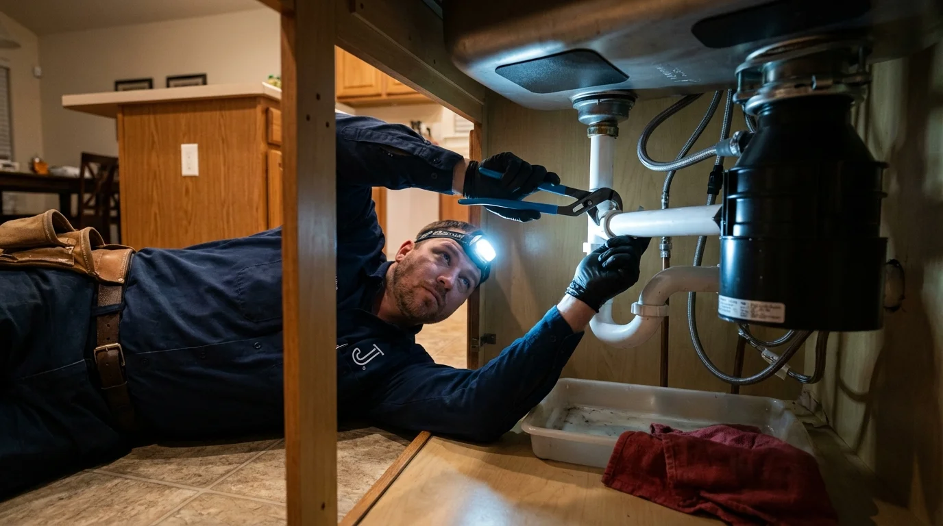 P-trap and supply line connections under a kitchen sink showing a common leak point in Dale, IN